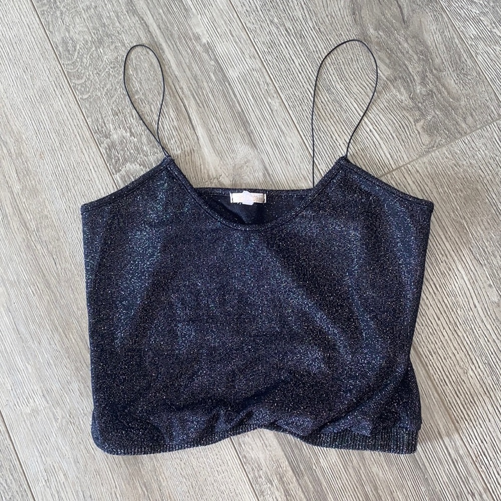 free people sparkly black crop top with scrunch bottom, size medium (fit small).